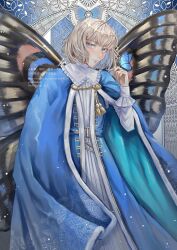 Rule 34 | 1boy, arthropod boy, artist name, blue butterfly, blue cloak, blue eyes, bug, butterfly, cloak, cowboy shot, crown, diamond hairband, fate/grand order, fate (series), fur-trimmed cloak, fur trim, grey hair, highres, ichimichi 111, insect, insect on finger, insect wings, long sleeves, looking at viewer, male focus, medium hair, oberon (fate), solo, wings