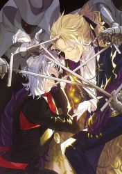 Rule 34 | 2boys, albino, antonio salieri (fate), antonio salieri (second ascension) (fate), ascot, black gloves, black suit, blonde hair, closed eyes, fate/grand order, fate (series), formal, gloves, hand on own head, long hair, male focus, multiple boys, pinstripe pattern, red eyes, smile, striped, suit, sword, weapon, white gloves, white hair, wolfgang amadeus mozart (fate), yeonie