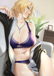 Rule 34 | 1girl, arm rest, artist name, black kimono, bleach, bleach: sennen kessen-hen, blonde hair, blue eyes, bookshelf, bra, breasts, breasts apart, closed mouth, collarbone, couch, cupboard, facing to the side, hair between eyes, indoors, japanese clothes, jewelry, kimono, l.k, lace, lace-trimmed bra, lace-trimmed panties, lace trim, large breasts, lips, matsumoto rangiku, mole, mole under mouth, navel, necklace, o-ring, off shoulder, on couch, open clothes, open kimono, panties, pixiv id, plant, potted plant, purple bra, purple panties, shelf, short hair, solo, underwear