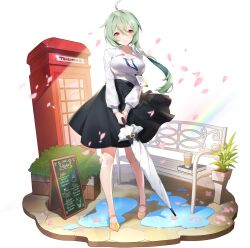 Rule 34 | 1girl, ahoge, bare legs, bench, black skirt, book, breasts, brown eyes, catherine (eversoul), coffee cup, collared shirt, cup, disposable cup, eversoul, full body, game cg, green hair, hair between eyes, highres, holding, holding umbrella, id card, lanyard, large breasts, light blush, long sleeves, looking at viewer, medium skirt, no headwear, non-web source, official alternate costume, official alternate hairstyle, official art, open collar, pavement, phone booth, pink petals, plant, potted plant, puddle, shirt, short hair, sign, skirt, smile, solo, standing, tachi-e, transparent background, umbrella, white shirt, wing collar, yellow footwear