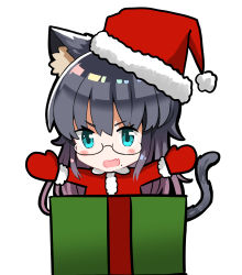 Rule 34 | 1girl, :d, absurdres, animal ears, aqua eyes, blush stickers, box, cat ears, cat girl, cat tail, chibi, fang, fur-trimmed headwear, fur-trimmed sleeves, fur trim, gift, gift box, hair between eyes, hat, highres, hiroki (hirokiart), in box, in container, long hair, looking at viewer, mittens, open mouth, original, outstretched arms, red hat, red mittens, red shirt, santa costume, santa hat, shirt, simple background, smile, solo, spread arms, tail, v-shaped eyebrows, very long hair, white background