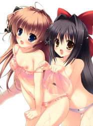 Rule 34 | 2girls, :d, :o, absurdres, asuka mirai, babydoll, benzaiten enishi, black hair, blonde hair, blue eyes, blush, bow, breasts, brown eyes, cameltoe, cleft of venus, hair bow, hair intakes, highres, long hair, looking at viewer, mikeou, multiple girls, nanairo kouro, nipples, no bra, open mouth, panties, panties only, sasorigatame, see-through, small breasts, smile, strap slip, topless, underwear, underwear only, wet