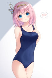 Rule 34 | 1girl, artist name, bad id, bad pixiv id, bare arms, bare legs, bare shoulders, blue eyes, blunt bangs, blush, breasts, closed mouth, collarbone, commentary request, covered navel, embarrassed, hairband, hand on own chest, looking at viewer, medium breasts, nail polish, pink hair, princess connect!, school swimsuit, short hair, simple background, sleeveless, solo, spoken blush, stomach, swimsuit, thighs, watermark, yui (princess connect!), yumoran