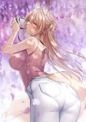 Rule 34 | 1girl, animal ears, ass, bare shoulders, blush, breasts, brown hair, camera, cherry blossoms, cowboy shot, day, fox ears, fox girl, fox tail, from behind, hair between eyes, hands up, highres, holding, holding camera, large breasts, long hair, looking at viewer, looking back, original, outdoors, pants, pantylines, parted lips, petals, pink shirt, ribbed sweater, shirt, shizu-chan, sidelocks, sleeveless, sleeveless sweater, solo, standing, sweater, tail, thighs, very long hair, white pants, yellow eyes, yukibuster z