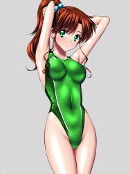 Rule 34 | 1girl, adjusting hair, arena (company), arms up, bishoujo senshi sailor moon, blush, breasts, brown hair, collarbone, competition swimsuit, covered navel, earrings, female focus, green eyes, grey background, groin, hair bobbles, hair ornament, highleg, highleg swimsuit, jewelry, kino makoto, large breasts, long hair, one-piece swimsuit, ponytail, sen (sansui), shiny clothes, signature, simple background, solo, swimsuit, tying hair