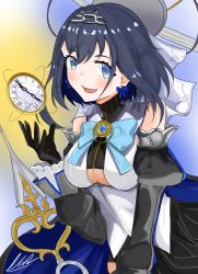 Rule 34 | 1girl, absurdres, artist name, bad id, bad pixiv id, black gloves, blue eyes, blue hair, blue ribbon, breasts, cleavage, clock, detached sleeves, gloves, highres, holocouncil, hololive, hololive english, jewelry, long sleeves, looking at viewer, medium breasts, medium hair, open mouth, ouro kronii, ribbon, self-upload, solo, virtual youtuber