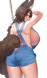 Rule 34 | 1girl, absurdres, animal ear fluff, animal ears, ass, bare shoulders, blush, borrowed character, breasts, brown hair, butt crack, character request, copyright request, fang, from behind, highres, huge breasts, long hair, looking at viewer, looking back, naked overalls, open mouth, overalls, sideboob, simple background, skin fang, smile, solo, suruga (xsurugax), tail, white background