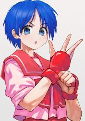 Rule 34 | 1girl, adjusting clothes, adjusting gloves, blue eyes, blue hair, gloves, highres, looking at viewer, matsubara aoi, open mouth, otsudou, red gloves, red neckwear, short hair, sleeves rolled up, solo, to heart, to heart (series), upper body