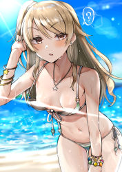 Rule 34 | 1girl, ?, absurdres, bare arms, bare shoulders, beach, bikini, blue sky, blush, bracelet, breasts, brown hair, censored, censored nipples, collarbone, commentary request, convenient censoring, cowboy shot, day, earrings, front-tie bikini top, front-tie top, gluteal fold, green bikini, highres, idolmaster, idolmaster cinderella girls, jewelry, leaning forward, lens flare, light censor, light rays, long hair, looking at viewer, mabanna, morikubo nono, necklace, o-ring, o-ring bikini, ocean, one side up, outdoors, parted lips, red eyes, ribbon, side-tie bikini bottom, skindentation, sky, small breasts, solo, speech bubble, spoken question mark, star (symbol), star necklace, stud earrings, sunbeam, sunlight, swept bangs, swimsuit, thigh gap, wardrobe malfunction, water, wet, white ribbon