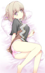 Rule 34 | 1girl, ar tonelico, ar tonelico iii, ass, bare legs, barefoot, bed, blonde hair, braid, breasts, highres, kamoto tatsuya, legs, looking at viewer, lying, no pants, on side, panties, purple eyes, saki (ar tonelico), shirt, short hair, solo, striped clothes, striped panties, t-shirt, underwear