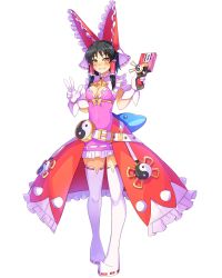 Rule 34 | 1girl, @ @, ascot, belt, black hair, blush, boots, bow, breasts, cleavage, commentary request, cookie (touhou), cosplay, dress, elphelt valentine, elphelt valentine (cosplay), full body, gloves, guilty gear, guilty gear xrd, hair bow, hair tubes, highres, holding, looking at viewer, medium breasts, pink dress, red bow, sananana (cookie), sidelocks, sleeveless, smile, solo, standing, sweat, tarmo, thigh boots, thighhighs, touhou, transparent background, v, white footwear, white gloves, yellow bow, yellow eyes, yin yang, zettai ryouiki