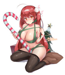 Rule 34 | 1girl, ^^^, absurdres, ahoge, azur lane, bare shoulders, black pantyhose, blush, box, breasts, candy, candy cane, christmas tree, cleavage, closed mouth, clothes pull, collarbone, commentary, food, full body, green ribbon, hair between eyes, highres, holding, holding ribbon, honolulu (azur lane), large breasts, long hair, looking at viewer, merry christmas, mk.sweet, naked ribbon, navel, nose blush, oversized object, pantyhose, pantyhose pull, red eyes, red hair, ribbon, sack, shadow, sidelocks, simple background, sitting, solo, stomach, sweat, twintails, very long hair, wariza, wavy mouth, white background