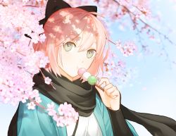 Rule 34 | 1girl, :t, bad id, bad pixiv id, black bow, black scarf, blue sky, bow, cherry blossoms, closed mouth, dango, dated, eating, fate/grand order, fate (series), flower, food, grey eyes, hair between eyes, hair bow, head tilt, highres, holding, holding food, japanese clothes, kimono, light brown hair, long sleeves, looking at viewer, loon 7774, okita souji (fate), okita souji (koha-ace), outdoors, pink flower, sanshoku dango, scarf, sky, sleeves past wrists, solo, wagashi, white kimono