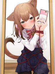 Rule 34 | 1girl, absurdres, animal ear fluff, animal ears, bad id, bad pixiv id, bell, black pantyhose, blue skirt, blush, bound, bound wrists, bow, bowtie, brown hair, cat ears, cat tail, cellphone, closed mouth, commentary request, green eyes, haiba 09, hair bow, hands up, high-waist skirt, highres, holding, holding phone, indoors, jingle bell, long hair, long sleeves, looking at viewer, mirror, neck bell, nekoseki rion (haiba 09), original, paid reward available, pantyhose, phone, pink bow, pink bowtie, pleated skirt, restrained, selfie, shibari, shibari over clothes, shirt, shirt tucked in, skirt, smartphone, smile, solo, tail, white shirt, wooden floor