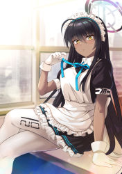 Rule 34 | 1girl, ahoge, apron, arm support, black dress, black hair, blue archive, blue bow, blue bowtie, blue ribbon, blurry, blurry background, blush, bow, bowtie, breasts, closed mouth, crossed legs, dark-skinned female, dark skin, desk, dress, feet out of frame, frilled apron, frilled dress, frills, gloves, hair between eyes, halo, hand up, indoors, karin (blue archive), large breasts, long hair, looking at viewer, maid, maid apron, maid headdress, mongble, neck ribbon, on desk, pantyhose, puffy short sleeves, puffy sleeves, ribbon, short sleeves, sitting, solo, very long hair, white apron, white gloves, white pantyhose, window, yellow eyes