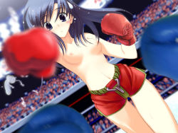 Rule 34 | 1girl, arena, audience, black hair, blush, boxing, boxing gloves, boxing ring, breasts, mouth guard, navel, nipples, pov, shorts, small breasts, sweatdrop, topless
