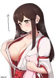 Rule 34 | 1girl, akagi (kancolle), areola slip, blush, breasts, brown eyes, brown hair, collarbone, cypress, hakama, japanese clothes, kantai collection, large breasts, long hair, open clothes, parted lips, red hakama, ribbon-trimmed sleeves, ribbon trim, sidelocks, simple background, sleeve garter, solo, twitter username, upper body, white background