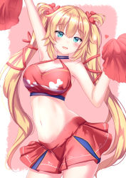 Rule 34 | 1girl, absurdres, akai haato, arm up, armpits, bare arms, bare shoulders, blonde hair, blue eyes, breasts, cheerleader, choker, cleavage, cowboy shot, crop top, hair ribbon, halterneck, halterneck, hand up, heart, highres, holding, holding pom poms, hololive, large breasts, long hair, looking at viewer, midriff, miniskirt, navel, open mouth, pleated skirt, pom pom (cheerleading), red shirt, red skirt, ribbon, shirt, skirt, sleeveless, sleeveless shirt, smile, solo, stomach, twintails, very long hair, virtual youtuber, yuano