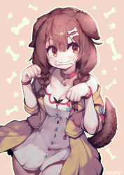 Rule 34 | 1girl, animal collar, animal ears, artist name, blue bow, blush, bone, bone hair ornament, bow, bracelet, braid, breasts, brown eyes, brown hair, buttons, cartoon bone, cleavage, collar, collarbone, cowboy shot, dog ears, dog girl, dog tail, dress, eyelashes, hair between eyes, hair ornament, hairclip, highres, hololive, inugami korone, inugami korone (1st costume), jacket, jewelry, long hair, looking at viewer, low twin braids, low twintails, medium breasts, mouth hold, off-shoulder jacket, off shoulder, parororo, paw pose, raised eyebrows, red bow, red collar, short dress, solo, tail, twin braids, twintails, virtual youtuber, white dress, wristband, yellow jacket