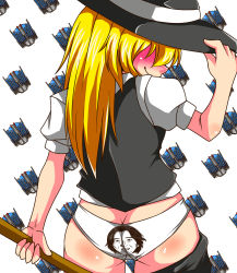Rule 34 | 1girl, ass, blonde hair, blush, broom, butt crack, clothes pull, from behind, full-face blush, hair over eyes, hat, highres, kirisame marisa, long hair, panties, print panties, skirt, skirt pull, smile, solo, tenohira, touhou, underwear, witch, witch hat