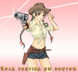 Rule 34 | 00s, 1girl, cowboy hat, cowboy shot, gun, handgun, hat, holster, maria-sama ga miteru, midriff, nyurupon, revolver, shimazu yoshino, sleeves rolled up, solo, weapon, cowboy western