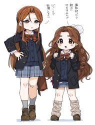 Rule 34 | 2girls, backpack, bag, black jacket, blazer, blue skirt, blue vest, blush stickers, bow, bowtie, brown eyes, brown footwear, brown hair, checkered clothes, checkered skirt, clenched hands, commentary request, grey legwear, hair ornament, hand on own hip, highres, holding, holding bag, idolmaster, idolmaster cinderella girls, jacket, kusakabe wakaba, leg warmers, long hair, long sleeves, multiple girls, open clothes, open jacket, open mouth, oversized clothes, parted bangs, pom pom (clothes), pom pom hair ornament, red bow, red bowtie, school uniform, shirt, shoes, skirt, smile, socks, spawnfoxy, straight hair, thick eyebrows, translation request, vest, wavy hair, white background, white shirt, wing collar, zaizen tokiko