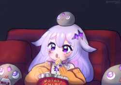 Rule 34 | 1girl, ammy, blush, chest jewel, chips (food), eating, gem, hair ornament, hairclip, highres, hololive, hololive english, koseki bijou, long hair, milk, movie theater, multicolored hair, open mouth, pebble (koseki bijou), potato chips, purple eyes, purple hair, sitting, solo, sweater, very long hair, virtual youtuber