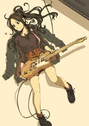 Rule 34 | 1girl, black footwear, black hair, black shirt, brown background, brown shirt, brown skirt, brown socks, clothing cutout, commentary request, electric guitar, fender (company), guitar, highres, holding, holding instrument, instrument, long hair, original, plectrum, ponytail, shirt, shoes, shoulder cutout, skirt, socks, solo, supe (yuusyasupepen)