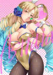 Rule 34 | 1girl, animal ears, arm under breasts, armlet, astraea (fate), bare shoulders, big hair, blonde hair, blue bow, blue hair, blush, bow, bowtie, breasts, character name, cleavage, covered navel, detached collar, drill hair, fake animal ears, fate/grand order, fate (series), fishnet pantyhose, fishnets, gradient hair, hair bow, heart, highleg, highleg leotard, large breasts, leotard, long hair, looking at viewer, luviagelita edelfelt, mukunokino isshiki, multicolored hair, nail polish, open mouth, pantyhose, parted bangs, pink background, playboy bunny, rabbit ears, rabbit tail, solo, standing, tail, thighs, very long hair, wrist cuffs, yellow eyes, yellow leotard