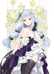 Rule 34 | 1girl, bare shoulders, black bow, black gloves, black ribbon, black thighhighs, blue hair, blunt bangs, blush, bow, breasts, cleavage, collarbone, commentary request, dress, earrings, facial mark, flower, girls&#039; frontline, gloves, grey background, hair flower, hair ornament, hair ribbon, hairband, hand up, head tilt, high-low skirt, highres, hk416 (girls&#039; frontline), hk416 (starry cocoon) (girls&#039; frontline), jewelry, juna, long hair, low twintails, medium breasts, official alternate costume, parted lips, purple dress, ribbon, small stellated dodecahedron, smile, solo, star (symbol), strapless, strapless dress, thighhighs, twintails, two-tone background, very long hair, white background, white flower, white hairband