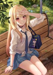 Rule 34 | 1girl, :d, ardenlolo, arm up, bag, bag charm, bench, black choker, blonde hair, blue necktie, blue skirt, blush, bracelet, breasts, charm (object), choker, collarbone, collared shirt, day, ear piercing, feet out of frame, fingernails, from above, grass, grin, gyaru, jewelry, kitagawa marin, leaf, leaf on head, long fingernails, long hair, long sleeves, looking at viewer, looking up, medium breasts, miniskirt, mixed-language commentary, nail polish, necktie, open mouth, outdoors, park bench, parted lips, piercing, pink nails, plaid, plaid skirt, red eyes, ring, school bag, shirt, sitting, skirt, smile, solo, sono bisque doll wa koi wo suru, teeth, tied shirt, v, very long hair, white shirt
