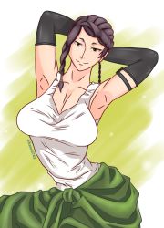 Rule 34 | 1girl, alkanoid743, armpits, arms up, braid, braided ponytail, breasts, cleavage, female focus, green skirt, highres, large breasts, looking at viewer, mature female, medium breasts, purple hair, shirt, skirt, smile, solo, tank top, teacher, white shirt, white tank top