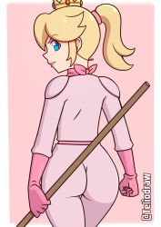 Rule 34 | 1girl, ass, blonde hair, blue eyes, bodysuit, crown, from behind, gloves, highres, lipstick, long hair, looking at viewer, looking back, makeup, mario (series), nintendo, pink background, pink bodysuit, pink gloves, polearm, ponytail, princess peach, scarf, serious, solo, spear, teliodraw, the super mario bros. movie, weapon