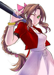 Rule 34 | 1girl, absurdres, aerith gainsborough, bangle, bracelet, braid, braided ponytail, breasts, brown hair, choker, cropped jacket, dress, final fantasy, final fantasy vii, final fantasy vii remake, green eyes, hair ribbon, highres, holding, holding staff, jacket, jewelry, long hair, medium breasts, one eye closed, over shoulder, parted bangs, parted lips, pink dress, pink ribbon, red jacket, ribbon, ribbon choker, shikiwo, short sleeves, sidelocks, single braid, solo, staff, weapon, weapon over shoulder, white background