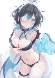 Rule 34 | 1girl, absurdres, aqua eyes, aqua hair, black hair, black panties, blue eyes, blue hair, blue sweater, blush, breasts, character request, choker, cleavage, collar, commentary request, copyright request, ear piercing, eyepatch, highres, large breasts, light blue hair, looking at viewer, maid headdress, medical eyepatch, multicolored hair, navel, panties, piercing, ririge, short hair, simple background, single thighhigh, solo, stomach, sweater, thigh strap, thighhighs, thighs, underwear, white background, white thighhighs