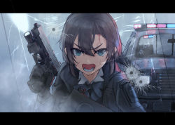 Rule 34 | 1girl, angry, black gloves, black hair, blouse, blue bow, blue bowtie, blue eyes, bow, bowtie, bullet hole, car, collared shirt, determined, dreadtie, flashlight, frown, gloves, gun, hair between eyes, handgun, highres, letterboxed, looking at viewer, medium hair, motor vehicle, original, pistol, police car, riot shield, shield, shirt, solo, tactical light, v-shaped eyebrows, weapon, white shirt