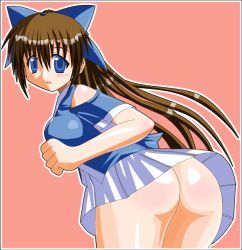 Rule 34 | 00s, 1girl, ass, blue eyes, bow, brown hair, clenched hand, clothing cutout, gho, hair bow, long hair, looking at viewer, nagasarete airantou, no panties, open mouth, outline, pink background, shoulder cutout, skirt, solo, suzu (nagasarete airantou), white outline