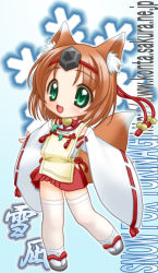 Rule 34 | animal ears, brown hair, chibi, fox ears, japanese clothes, nakajima konta, snow fox, solo, thighhighs, yukinagi (snow fox), zettai ryouiki
