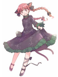 Rule 34 | 1girl, animal ears, blush, bow, braid, cat ears, cat tail, clothes lift, dress, extra ears, fang, footwear bow, green dress, kaenbyou rin, leg ribbon, looking at viewer, multiple tails, nekomata, open mouth, pointy ears, rangycrow, red eyes, red hair, ribbon, skirt, skirt lift, slit pupils, smile, subterranean animism, tail, touhou, white background