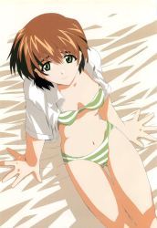 Rule 34 | 1girl, brown hair, chitose midori, green eyes, green green, highres, on bed, open clothes, open shirt, panties, striped clothes, striped panties, underwear