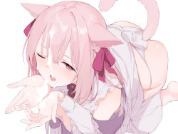 Rule 34 | 1girl, animal ears, ass, barefoot, blush, breasts, cat ears, cat girl, cat tail, cleavage, commentary, cum, cum on hair, cum on hands, detached sleeves, facial, frills, fujiyama, hair between eyes, hair ribbon, highres, large breasts, long hair, long sleeves, looking at viewer, one eye closed, open mouth, outstretched hand, palms, pink eyes, pink hair, red ribbon, ribbon, simple background, soles, solo, symbol-only commentary, tail, tail raised, tongue, white background