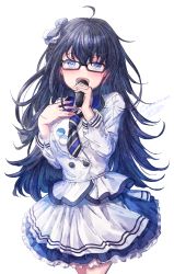 Rule 34 | 1girl, :d, ahoge, black-framed eyewear, black hair, blouse, blue bow, blue eyes, bow, character request, commentary request, commission, diagonal-striped clothes, diagonal-striped necktie, frilled skirt, frills, glasses, hair between eyes, hair bow, hands up, highres, holding, holding microphone, ittokyu, jacket, long hair, long sleeves, looking at viewer, microphone, necktie, onsen musume, open mouth, shirt, short necktie, signature, simple background, skirt, smile, solo, striped clothes, very long hair, white background, white jacket, white shirt, white skirt
