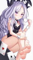 Rule 34 | 1girl, 3:, ahoge, alternate costume, animal ears, ass, bare legs, barefoot, black leotard, blue archive, bow, breasts, card, cleavage, commentary request, detached collar, fake animal ears, feet, foot out of frame, forehead, grey hair, hair ornament, hairclip, halo, highleg, highleg leotard, highres, hina (blue archive), ko-no, legs, leotard, long hair, looking at viewer, parted bangs, playboy bunny, playing card, purple eyes, rabbit ears, rabbit tail, red bow, revision, sidelocks, simple background, sitting, sleeveless, small breasts, soles, solo, strapless, strapless leotard, tail, toes, wariza, wavy hair, white background, wrist cuffs