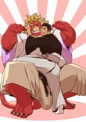 Rule 34 | 2boys, absurdres, arms around neck, bara, beard, black hair, black kimono, blank eyes, blush, bulge, colored skin, curled horns, double biceps pose, dragon horns, facial hair, flexing, forked eyebrows, furry, furry male, furry with non-furry, gardie (otsukimi), hakama, hakama pants, half-erect, heads together, highres, horns, hug, huge eyebrows, interspecies, japanese clothes, kimono, kouhei (otsukimi), large bulge, large hands, leg lift, lion hair, looking at viewer, looking back, male focus, multiple boys, muscular, muscular male, new year, one eye closed, original, otsukimi, paid reward available, pants, red skin, short hair, sideburns, sideburns stubble, size difference, socks, squatting, stubble, thick eyebrows, turning head, white kimono, white pants, yaoi