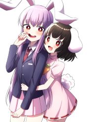 Rule 34 | 2girls, :3, :d, animal ears, black hair, blazer, blush, bright pupils, carrot necklace, commentary request, cowboy shot, dress, finger in own mouth, hand on another&#039;s stomach, high collar, highres, inaba tewi, jacket, jewelry, lavender skirt, light purple hair, long hair, long sleeves, looking at viewer, miniskirt, mouth pull, multiple girls, necklace, necktie, open mouth, pink dress, puffy short sleeves, puffy sleeves, rabbit ears, rabbit girl, rabbit tail, red eyes, red neckwear, reisen udongein inaba, ribbon-trimmed dress, short hair, short sleeves, simple background, skirt, smile, standing, tail, touhou, tsukimirin, very long hair, white background, white pupils
