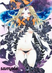 Rule 34 | abigail williams (fate), abigail williams (second ascension) (fate), arim0k0, bad id, bad pixiv id, black bow, black hat, black panties, blonde hair, blush, bow, breasts, fate/grand order, fate (series), forehead, glowing, glowing eye, hat, highres, hip focus, key, keyhole, long hair, navel, orange bow, panties, parted bangs, parted lips, pink eyes, polka dot, polka dot bow, sample watermark, small breasts, smile, solo, space, staff, star (sky), stuffed animal, stuffed toy, teddy bear, thighs, third eye, underwear, watermark, witch hat