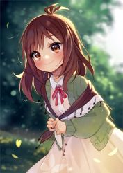 Rule 34 | 1girl, artist name, blurry, blurry background, blush, bow, brown eyes, brown hair, closed mouth, collared dress, commentary, day, depth of field, dress, english commentary, green jacket, highres, hyanna-natsu, indie virtual youtuber, jacket, long hair, open clothes, open jacket, outdoors, red bow, shawl, smile, solo, thick eyebrows, virtual youtuber, vyolfers (vtuber), watermark, white dress