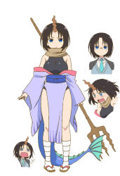 Rule 34 | 10s, 1girl, :d, arm at side, bare shoulders, black hair, black leotard, blue eyes, blue hair, blush, breasts, cowboy shot, detached sleeves, dragon girl, dragon horns, dragon tail, elma (maidragon), full body, gradient hair, holding, holding spear, holding weapon, horns, impossible clothes, impossible leotard, japanese clothes, kimono, kobayashi-san chi no maidragon, large breasts, legs apart, leotard, leotard under clothes, long sleeves, looking at viewer, multicolored hair, obi, off shoulder, open mouth, pelvic curtain, polearm, sash, scarf, short hair, simple background, skin tight, sleeveless, solo, spear, standing, tail, teeth, two-tone hair, weapon, white background, wide sleeves