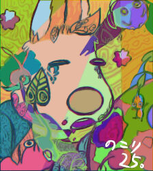 Rule 34 | 1boy, abstract, animal ears, backpack, bag, big nose, black eyes, blonde hair, blue gloves, blue pikmin, blue skin, closed eyes, colored skin, colorful, commentary request, countdown, crumbs, dripping, eating, gloves, leaf, louie (pikmin), male focus, marking on cheek, nintendo, no mouth, one eye closed, open mouth, pikmin (creature), pikmin (series), pointy nose, rabbit ears, red bag, red pikmin, red skin, rock, rock pikmin, short hair, solo, teeth, upper body, usuba (hatomugip), very short hair, yellow background