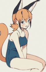 Rule 34 | 1girl, absurdres, alternate costume, animal ear fluff, animal ears, bad id, bad twitter id, bare legs, bare shoulders, between legs, black hair, blue eyes, blurry, blush, caracal (kemono friends), commentary request, competition school swimsuit, depth of field, enoki, extra ears, hand between legs, highres, kemono friends, long hair, multicolored hair, one-piece swimsuit, orange hair, school swimsuit, sidelocks, sitting, sleeveless, solo, spaghetti strap, sweatdrop, swimsuit, tail